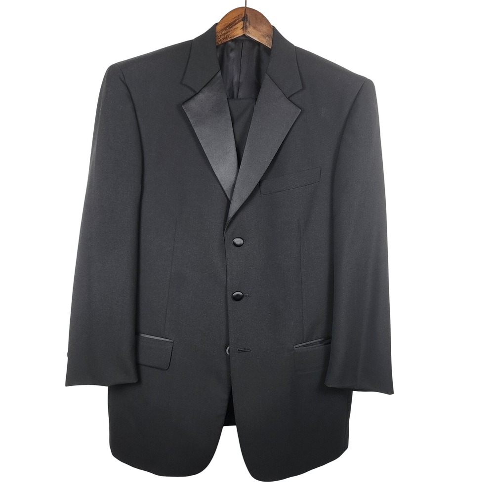 Tallia Uomo Mens Tuxedo Suit 40R 32W Black Worsted Wool Formal Wedding Occasion
